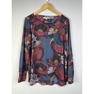 LOFT Tunic Blouse Size M Multicolor Floral Poppies Long Roll-Tab Sleeves Pocket